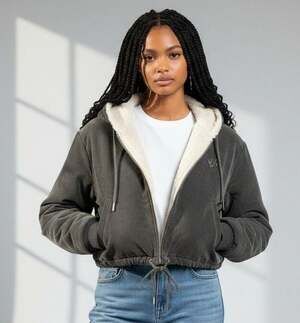 WAYDAMIN Women XS Cropped Fleece Lined Zip Up Hoodie Jacket Charcoal Grey